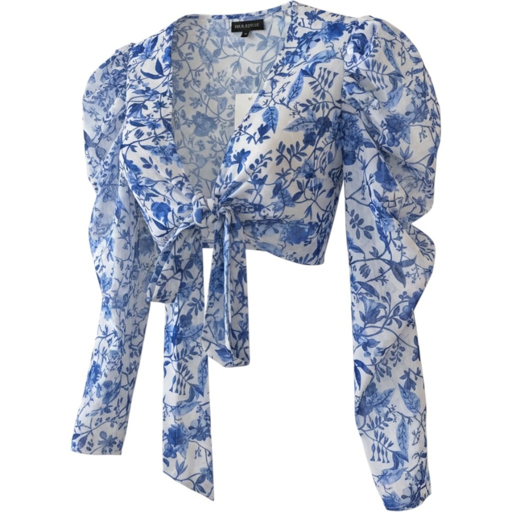 In The Style Blue White Floral Tie Front Crop Top Puff Sleeve Chiffon Sz 14 NEW